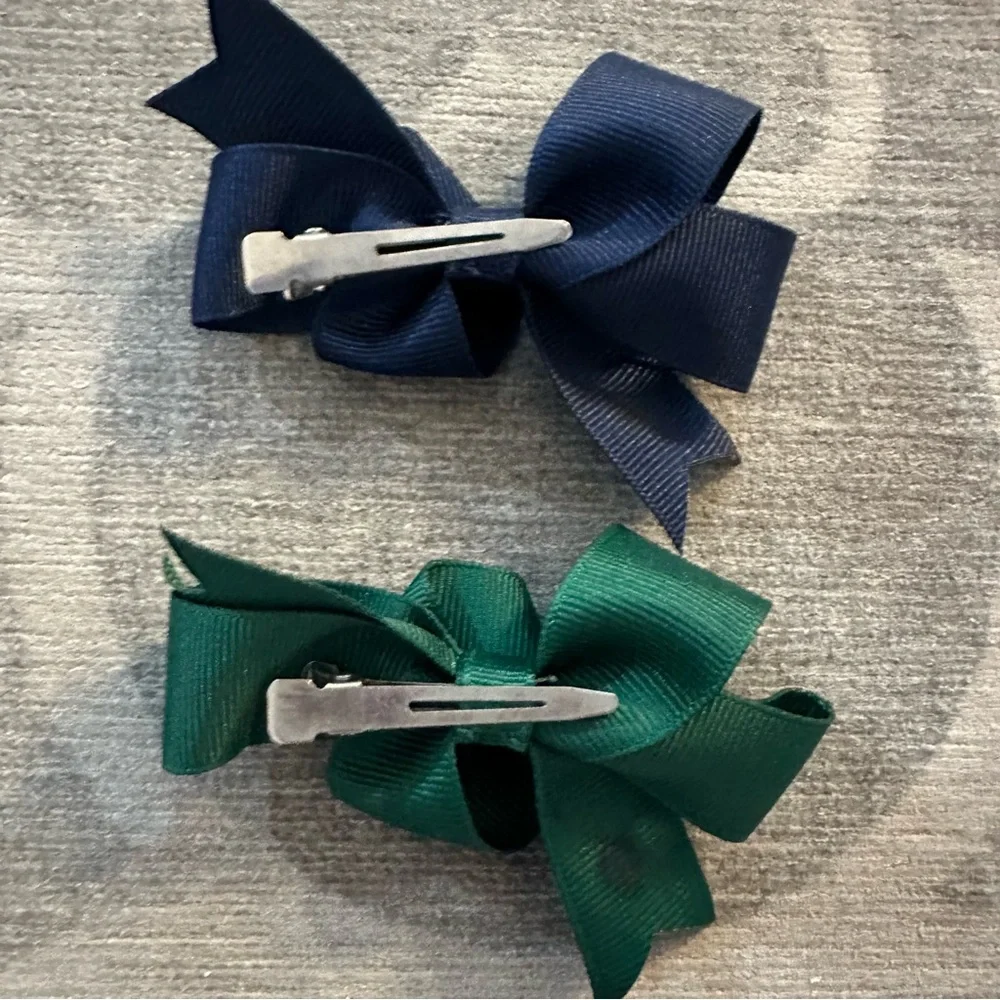 Hair Bows Navy & Green w paw print rhinestone embellishments